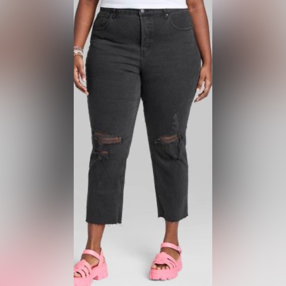 Wild Fable Distressed Highest Rise Straight Jeans Black Denim Size 16